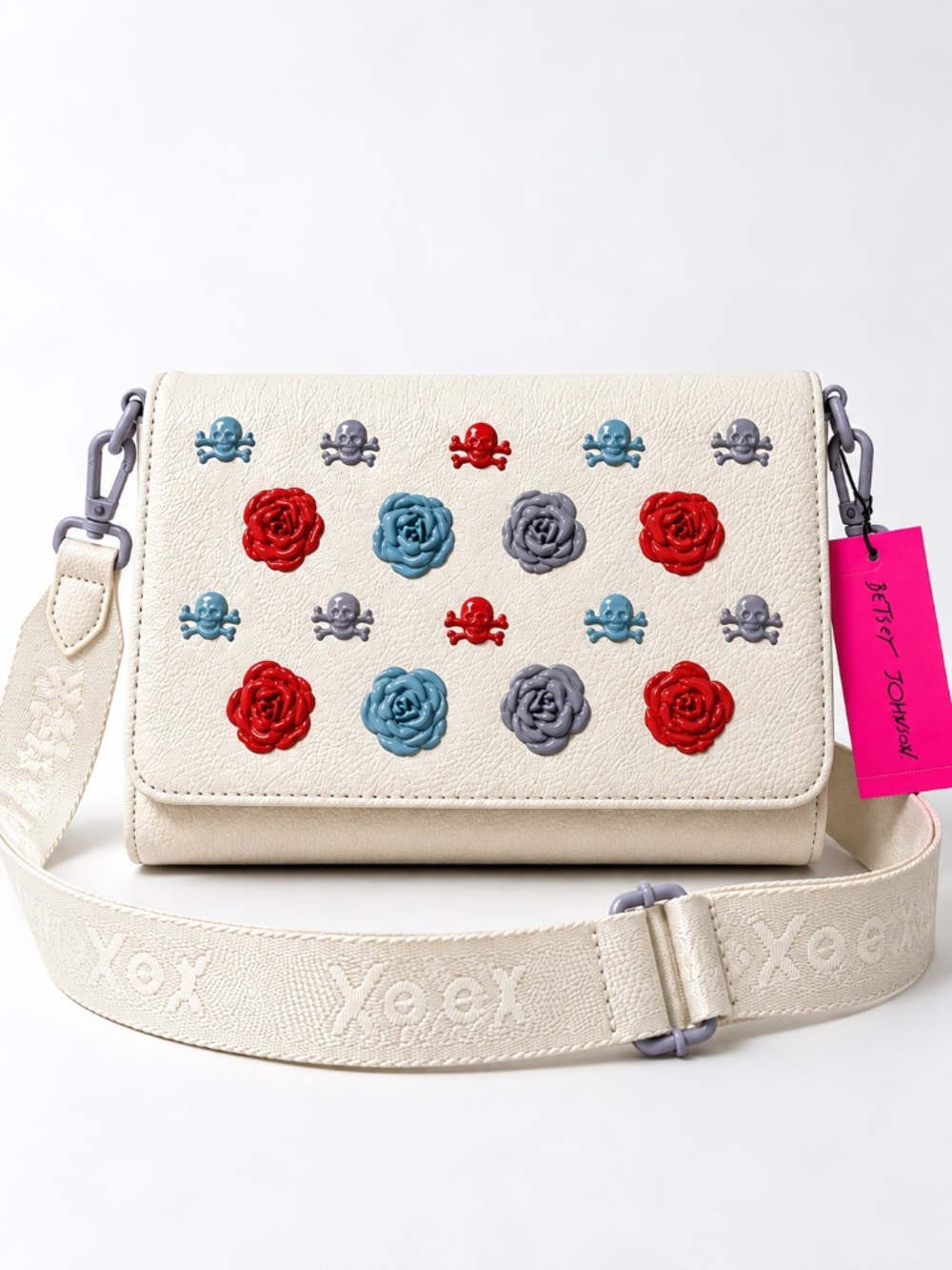 Betsey Johnson Skull Rose Studded Crossbody Clutch Bag Ivory Goth NWT